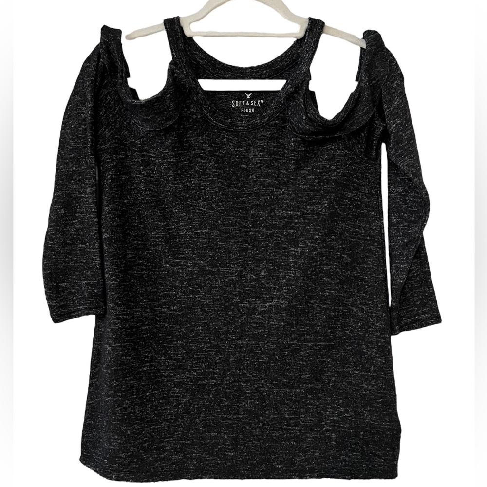 American Eagle Black Soft & Sexy Plush Cold Shoulder Long Sleeve Sweater